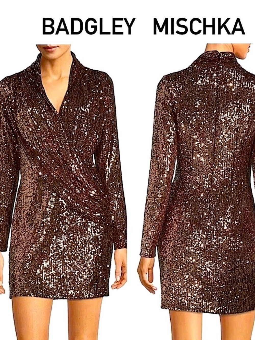 Badgley Mischka Copper Sequin Long-Sleeve Wrap Mini Dress